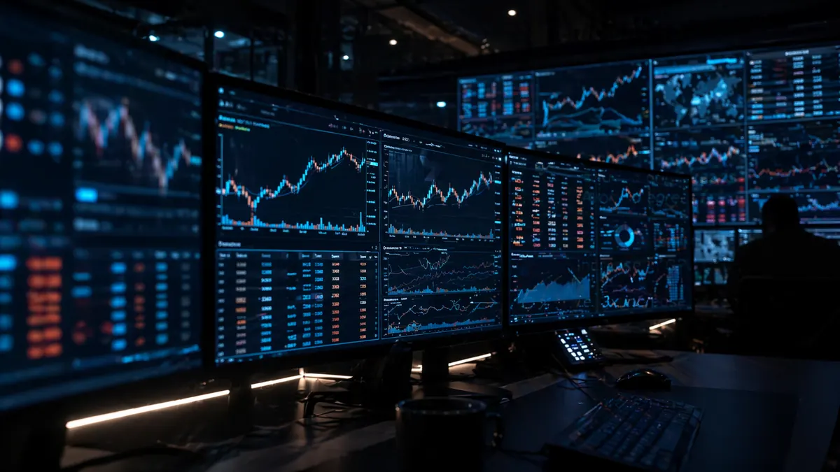 High-frequency trading floor with multiple monitors displaying real-time market data